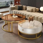 Nesting Couchtisch-Set mit Aufbewahrungsschublade, runder Schieferplatte, robuster Rahmen, ideal f&uuml;r Wohnzimmer und kleine R&auml;ume