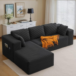 Xbro nurgadiivan L-kujuline modulaarne kokkupanekuta n&ouml;&ouml;rdiivan 3-kohaline paindlik kombinatsioon padjadega ja k&uuml;ljetaskutega elutuppa ja magamistuppa 250 x 136 x 40 cm mustana