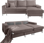 17222 Modernne Corduroy nurgadiivan B 240 x T 150 x K 92 cm magamisfunktsiooniga ja voodikastiga, laineline alariputus, L diivan koos Chaise Longue'ga paremal, lamamispind 125 x 198 cm, n&ouml;&ouml;rkate pruun taupee