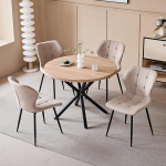Modernne s&ouml;&ouml;gitoa komplekt toolidega - 100cm &uuml;mmargune s&ouml;&ouml;gilaud heledast puidust + 4 khaki v&auml;rvi linast tooli metalljalgadega
