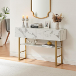 [en.casa] Varberg kitsas konsoollaud 2 sahtliga Ristk&uuml;likukujuline hoiulaud Reguleeritav riiul Metallraam 75 x 120 x 30 cm Marmorne v&auml;limus Valge
