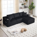Gecheer Modulares Sofa Set mit Chaiselongue & 2-Sitzer, Cordbezug, 5 Kissen, Seitentaschen & Cupholder, hochdichte Schaumstofff&uuml;llung, f&uuml;r Wohnzimmer, Apartment & Studio Schwarz