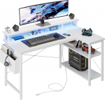 Grandder L-kujuline laud LED-valgustuse ja pistikupesadega, 100 cm m&auml;ngulaua 2 riiuliga, arvutilaua koos monitori alusega, arvuti t&ouml;&ouml;jaam kodukontorisse, valge