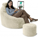 DreamRoots T&auml;iskasvanute Bean Bag tool elutuba 92 x 70 x 100 cm koos jope, peatoe ja hoiukotiga - Bean Bag tool - lugemistool Mugav Super pehme ja kohev n&ouml;&ouml;r 420 g/m&sup2; - kreemikas