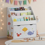 [en.casa] Aarnskona laste raamaturiiul m&auml;nguasjade hoidmiseks 70 x 63 x 30 cm Montessori lastetoa riiul sahtliga rullida valge Aqua Dream motiiviga