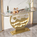 Moderner LED-Konsolentisch, zeitgem&auml;&szlig;er Beistelltisch f&uuml;r Flur, Wohnzimmer und Eingangsbereich, elegantes Metallgestell, schiefergraue Oberfl&auml;che, stilvolles M&ouml;belst&uuml;ck f&uuml;r den Eingangsberei