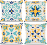 UXORSN komplekt 4 v&auml;listingimustes kasutatavat veekindlat padjakatet, 45 x 45 cm, Boho abstraktne padjakate, dekoratiivne padi, diivanipadi, sinised geomeetrilised lilled padjakate, dekoratiivne padjakate diivanile,