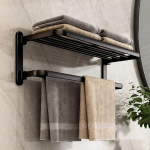 Towel Rail, Wall Mounted Towel Rail No Drilling Bathroom with 2 Towel Rails, Aluminium Bath Towel Holder, Matt Black, 58 cm