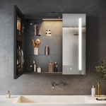 SONNI Vannitoa peeglikapp koos valgustuse ja meigiriiuliga 70 x 65 cm, pistikupesa ja 3x suurendav peegel, 3 valgusv&auml;rvi, timmitav, tumehall