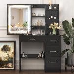 Riietuslaud LED-peegli ja valgustusega, kosmeetikalaud koos hoiuruumiga, 3 sahtlit, 7 riiulit, l&uuml;kandpeegel 80 cm lai, riietuslaud t&uuml;drukutele, must, meigipesulaud, h&otilde;bedased k&auml;epidemed.