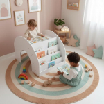 Bellabino 'Vily' 2-in-1 laste raamaturiiul ja kirjutuslaud, Montessori riiul lastele 4 riiuliga, v&auml;rvitud valge v&auml;rviga, m&auml;nguasjade hoidmine koos &otilde;pipinnaga, mis on valmistatud kasevineerist