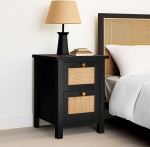 Hallowood Furniture Newquay Black Bedside Table with 2 Drawers and Rattan Front - Narrow Side Table & Lamp Table - Bedroom Cabinet - Side Table for Living Room - Bedside Table
