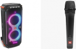 JBL PartyBox 710 mustas - kaasaskantav ja veeretatav Bluetooth-pidulik k&otilde;lar ja PBM 100 - d&uuml;naamiline vokaalmikrofon koos kaabliga mustas v&auml;rvitoonis.