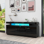 Senvoziii Black Sideboard Cabinet Matt Body & High Gloss TV Lowboard LED Lighting Chest of Drawers with 2 Doors 3 Drawers 160 cm for Living Room Dining Room