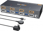 HDMI DP KVM Switch 8K @ 60Hz, Dual Monitors KVM Switches 3 PC ja 2 monitori jaoks 4 USB 3.0 pordiga, kaabliga kaugjuhtimispult, USB-kaabel kaasas, toiteallikas.