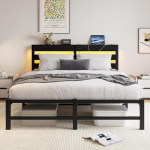 5ft King Size voodiraam koos laadimisaluse ja LED-tuledega - Raske metallist platvormi King Size voodi 150x200cm koos puidust ladustamise peatoega, ei n&otilde;uta kastivedrusid, m&uuml;ravaba