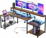 Bestier m&auml;ngulaud, 181 x 80 cm laud LED-valgustusega, L-kujuline laud 3 vahelduvvoolu pesa ja 2 USB laadimis&uuml;hendusega, arvutilaud suure monitoririiuliga, s&uuml;sinikkiust laud