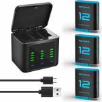 Hero12 akulaadija komplekt, 2580 mAh asendusakud, C-t&uuml;&uuml;pi LED kolmekanaliline laadimisjaam GoPro Hero 12 11 10 9 Black jaoks (laadija + 3 akut)