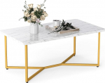 GOPLUS kohvilaud kunstmarmorist lauaga, k&uuml;ljelaud kuldse X-kujulise metallist alusega ja reguleeritavate jalapatjadega, kaasaegne diivanilaud elutuppa, kontorisse ja salongi, 107 x 60 x 45,5 cm, valge