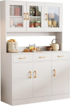 K&ouml;&ouml;gikapp, 170 cm hoiukapp K&ouml;&ouml;gi k&otilde;rge kapp Buffet kapp puidust, Sideboard, mitmeotstarbeline kapp sahtlitega ja klaasuksega, avatud sektsioon, hoiukapp, vitriinkapp (valge)