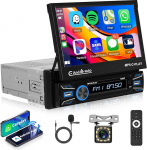 Hodozzy Autoradio 1 DIN traadita Carplay Android autoga, 7-tolline Flip Out puuteekraaniga raadio Bluetooth Mirrorlink, FM USB AUX SWC autoradio MP5 1 DIN + tagurduskaamera auto MP5-m&auml;ngija