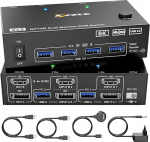 8K KVM Switch 2 PC 2 monitori 8K @ 60Hz 4K @ 144Hz Displayport + HDMI Dual Monitors KVM Switch 2 PC Share 2 monitori ja 4 USB 3.0 seadme jaoks, kaabli kaugjuhtimispult, 12 V toiteallikas ja USB-kaabel kaasas.