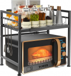 YunNasi laiendatav mikrolaineahju riiul 2-tasandiline mikrolaineahju aluse mikrolaineahju hoidja korraldaja valmistatud s&uuml;sinikterasest k&ouml;&ouml;giriiul, mis seisab 10 konksuga r&ouml;sterile, kuuma &otilde;hu praadijale (must 1)