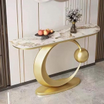 Stilvoller, 59 Zoll gro&szlig;er, moderner Konsolentisch mit geometrischem Sockel - eleganter Akzenttisch f&uuml;r Eingangsbereich und Flur, f&uuml;r Wohnzimmer und als Dekoration hinter der Couch (Gold-A)