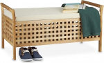 Relaxdays Walnut Storage Bench 46.5 x 92.6 x 49 cm Wooden Storage Ottoman with Cushioned Seat, Hallway Furniture Wooden Bench, Natural Brown & White