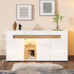 BTM Modernne 3-ukseline k&uuml;ljepaneel, LED-valguse juhtimine, elutoa kapp koos rakenduse juhtimisega, 140 x 40 x 70 cm, k&otilde;rgl&auml;ikega kodum&ouml;&ouml;bel, valge klaasist alusega