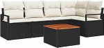 6-teilige Garten Sofa Set mit Kissen Schwarz Poly Rattan Akazie, 2-Sitzer Garten Sofa mit Kissen Schwarz Poly Rattan Gartenlounge Model3347705