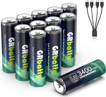 GRbatty USB laetavad AA liitiumpatareid, 12 kaupa, 1,5 V USB C laetavad patareid AA 3400 mWh, 4-in-1 laadimiskaabliga, 1 tunnine kiirlaadimine
