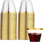 LATERN Pack of 60 Plastic Cups with Gold Rim, 270 ml Plastic Cups Reusable Drinking Cups Elegant Party Wine Glasses for Champagne Beer Cocktail Martini Soda Dessert (8.9 x 7.1 cm)