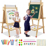 Laste tahvel 3-in-1 koos paberirulliga, kahepoolne tahvel ja tahvel, laste m&auml;ngulaud, puit, reguleeritava k&otilde;rgusega seisev tahvel, 95-115 cm, laste tahvel koos hoiukambriga, kirjad