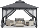 ABCCANOPY 3.35x3.35m Gartenpavillon f&uuml;r Terrasse Doppeldachweichdach Garten Hinterhof-Pavillon mit Netz f&uuml;r Schatten und Regen,Grau