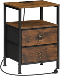 HOOBRO Bedside Table with Charging Station, Side Table with 2 Fabric Drawers and Open Shelf, Bedside Cabinet with USB and Sockets for Living Room, Bedroom, Vintage Brown and Black EBF110CBZ01