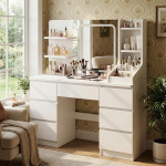 JUMMICO Suur riietuslaud reguleeritava LED-valgustusega Riietuslaud koos peegliga 64 cm x 54 cm Reguleeritav heledus 7 sahtlit 4 avatud riiulit Moodne stiil 110 x 40 x 139 cm portselanist valge