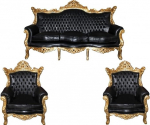Casa-Padrino Baroque elutoa komplekt Master Black/Gold Leather Diivan Mod2-3-kohaline diivan + 2 tugitooli