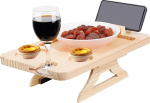Sofa Armrest Tray, Multifunctional Rectangular Natural Pine Wood Couch Armrest with 360&deg; Rotating Phone Holder, Wine Glass Holder, Portable Couch Sofa Side Table for Remote Control