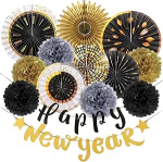 SUNBEAUTY uusaasta &otilde;htu kaunistus 2025 uusaasta kaunistus Happy New Year Garland Gold Black Paper Fan Tissue Paper Pom Poms Decoration uusaasta &otilde;htu Party Decoration aksessuaar uusaasta &otilde;htu jaoks