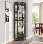 BELLEZE Lighted 3-Sided Glass Display Cabinet with Tempered Glass Doors and Shelves, Curved Wood Corner Cabinet with Bulb, Corner Shelf for Bar and Spirits Storage - Ashfield (Black)