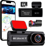 Dash Cam auto eesmine tagumine 4K + 1080P topeltkaamera koos 5GHz WLAN GPS ja 24/7 parkimise j&auml;lgimine maksimaalse ohutuse tagamiseks ADASi &ouml;ise n&auml;gemise ja 170&deg; laikanurgaga - sisaldab 64 GB SD-kaarti (4K eesmine + 1080p tagumine).