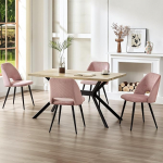 S&ouml;&ouml;gilaud ja toolid 4 roosa tooliga komplekt, ristk&uuml;likukujuline heledast puidust laud 140 x 80 x 76 cm, v&auml;lja l&otilde;igatud seljatoega toolid sobivad k&ouml;&ouml;ki, s&ouml;&ouml;gituppa ja elutuppa.