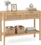 COSTWAY Konsolentisch, Beistelltisch mit offener Ablage & 2 Schubladen, Sofatisch mit Rattanoptik, Konsole, moderner Flurtisch f&uuml;r Wohnzimmer, Eingang & Flur, 100 x 35 x 76 cm (Natur)