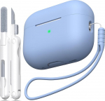 &Uuml;hildub AirPods Pro 2. p&otilde;lvkonna &uuml;mbrikuga, kukkumisvastane pehme silikoonist l&ouml;&ouml;giabsorptsiooniga &uuml;hilduv AirPods Pro &uuml;mbrikuga Skin Touch koos v&otilde;tmehoidja ja puhastuskomplektiga, sinine hall