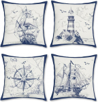 Bonhause Set of 4 Cushion Covers Nautical Sailing Boat Compass 45 x 45 cm Polyester Linen Decorative Navy Cushion Cover Decorative Cushion Covers for Sofa Bedroom Living Room Home Decoration