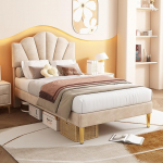 BTM &uuml;heinimesevoodi, 3ft x 7ft polsterdatud &uuml;heinimesevoodi, Shell Like Velvet voodi kuldsete rauajalgadega ja reguleeritava k&otilde;rgusega pealaud, puidust lamellidega sametvoodi, beež