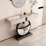 YITAYMLI Moderner rechteckiger schmaler Konsolentisch,Steinplatte, Luxus-Sofatisch mit Zwei Aufbewahrungsschubladen,moderner minimalistischer Flurschrank,kreative Metallbasis(Black B,100cm/39.4in)