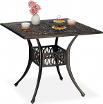 Relaxdays Garden Table with Umbrella Hole, Antique Look, Cast Aluminium, 75 x 90 x 90 cm, Square Balcony Table, Black/Bronze