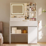 Coleshome garderoobilaud LED-peegli ja pistikupesaga, kosmeetikalaud sahtlite, organiseerija ja riiuliga, kaasaegne garderoobilaud magamistuppa, valge, 90 x 40 x 136 cm.
